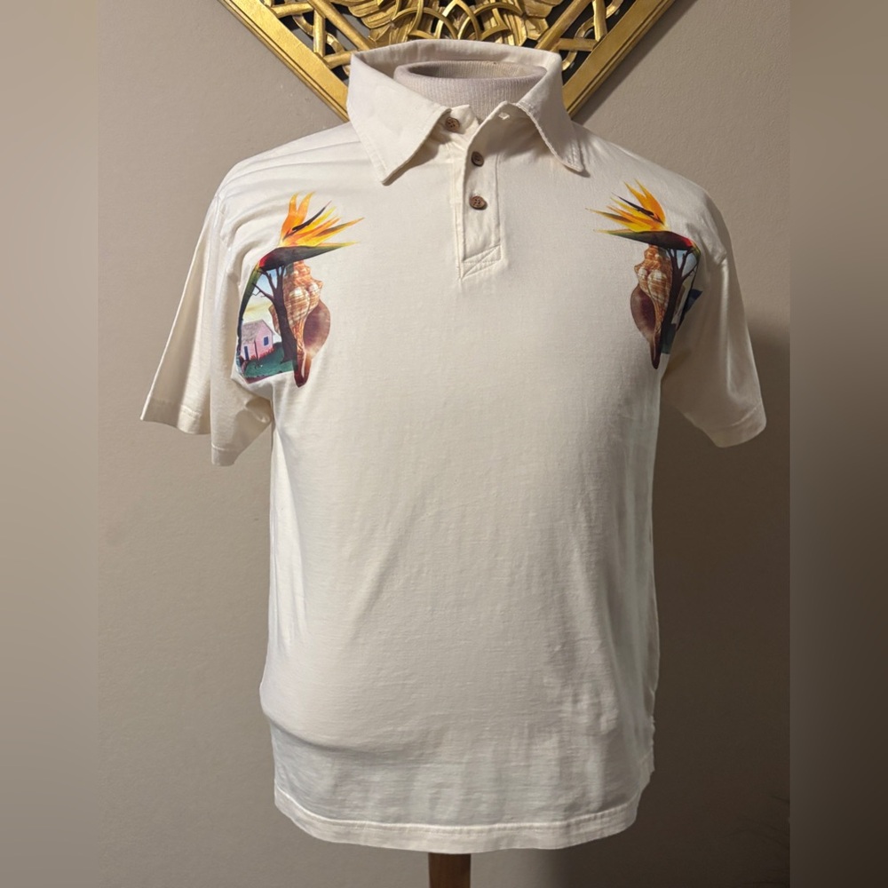 Triko Cream Men's Polo Shirt with Tropical Print Size Medium